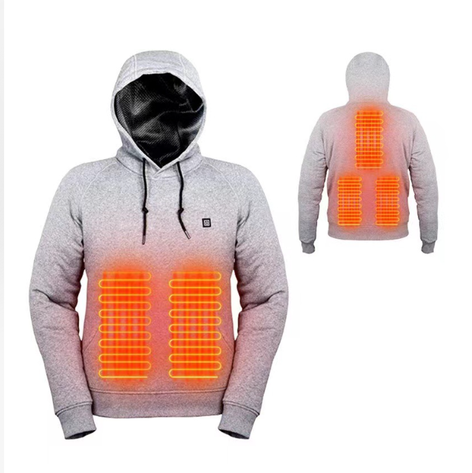 Grijze verwarmde hoodie met verwarmingszones aan voor- en achterkant