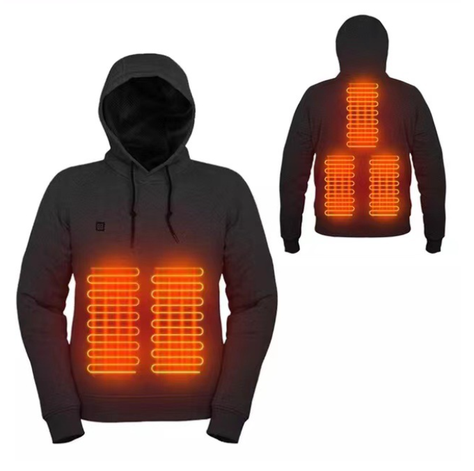Zwarte verwarmde hoodie met verwarmingszones aan voor- en achterkant